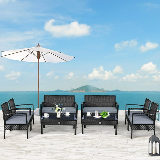 Patiojoy Ensemble de Mobilier de Patio Extérieur en Rotin Osier avec Coussins, Canapé et Table Basse, 8 Pcs