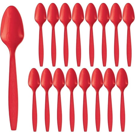 Party City Disposable Plastic Spoons, 16 Count (Red) - Go Brightly Heavy Duty Classic Reuseable Plastic Spoons - Premium Party Supplies Cutlery
