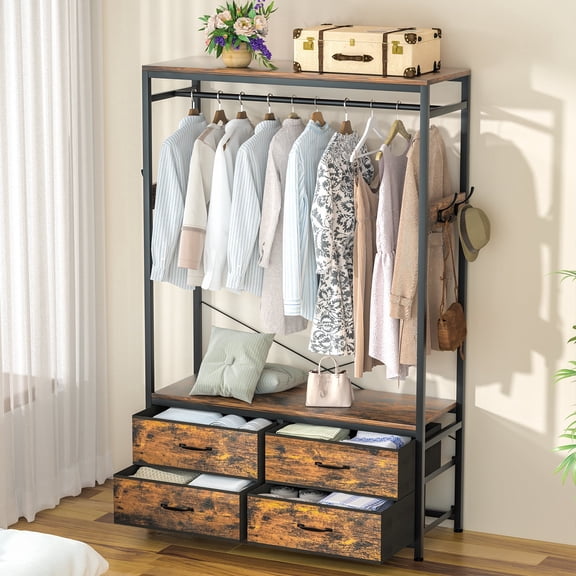 Enogets Freestanding Clothes Rack with 4 Drawers & Shelves Garment Hanging Rack with 4 Hooks- Wardrobe Storage Organizer for Bedroom, Living Room