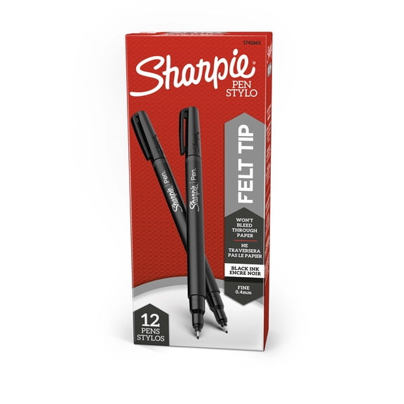 Sharpie Felt Tip Pens, Fine Point (0.4 mm), Black Ink, 12 Count