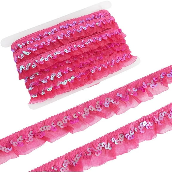 1pc 11m 3cm Elastic Organza Fabric Ribbon Sequin Chiffon Lace Edge Trim Hot Pink Gathered Ruffle Pleated Mesh Stretch Fringe Trimming for Sewing Gift Package Wrapping Cloth Craft