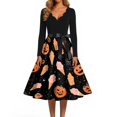 thumbnail image 4 of Halloween Dresses for Women Pumpkin Hepburn V-Neck Vintage Dresses Candy Printed Long Sleeve Classic Swing Dress with Belt S, 4 of 5