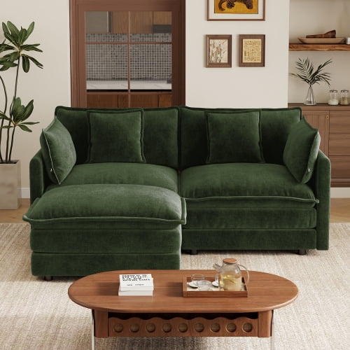 70.8" L-Shaped 2-Seater Sofa with Ottoman & 5 Pillows, Chenille Modular Sectional Couch for Small Spaces, Green