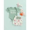 thumbnail image 2 of Baby Girls Flying Short Sleeve Letter Print Romper + Bow Floral Shorts + Headband 3 Piece Outfits Set, 2 of 8