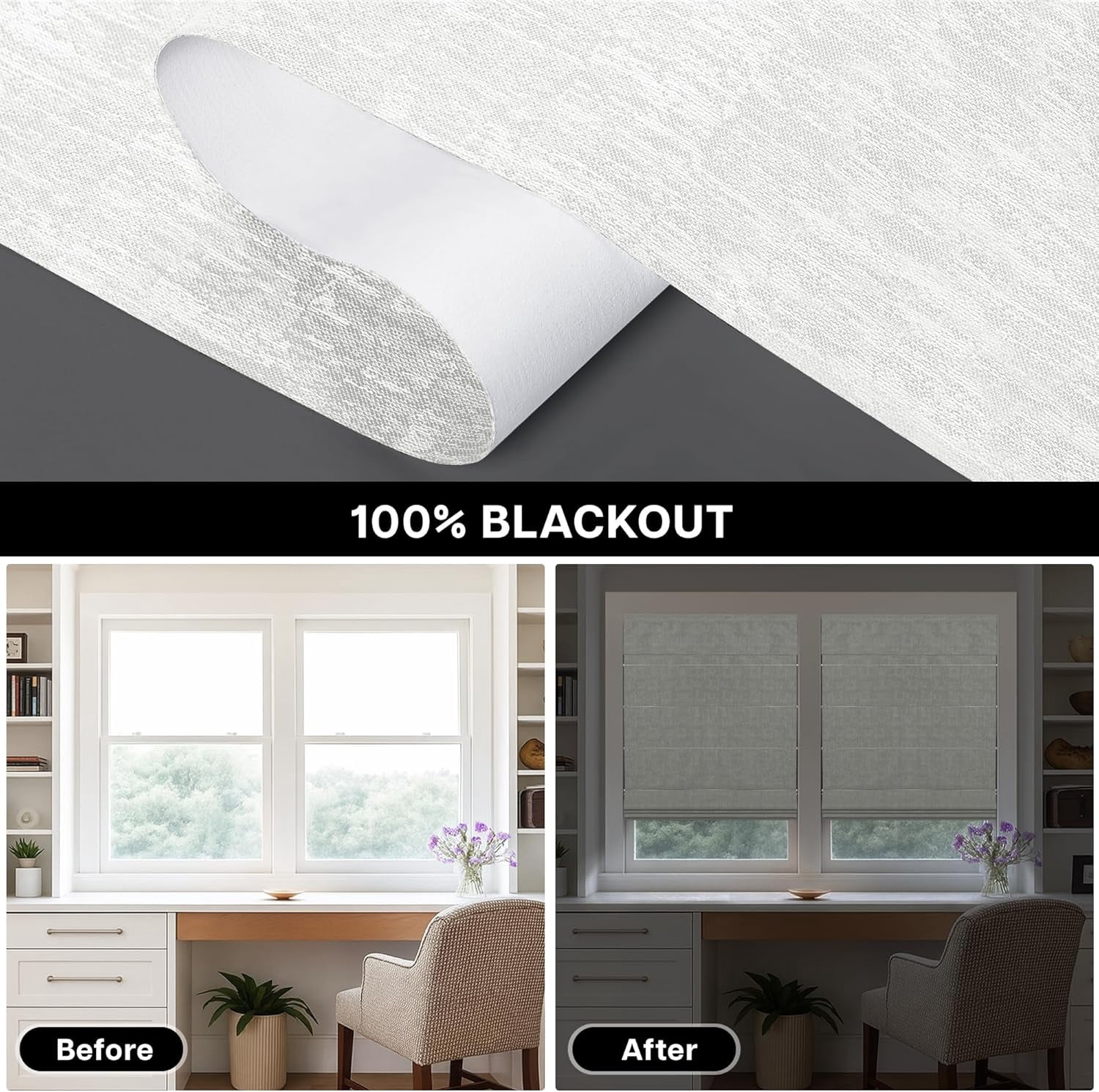 LazBlinds Cordless Roman Shades for Windows, Blackout Room Darkening Thermal Insulated Window Blinds, Lightweight Fabric Blinds for Indoor Windows, 26" W x 60" H, Off White