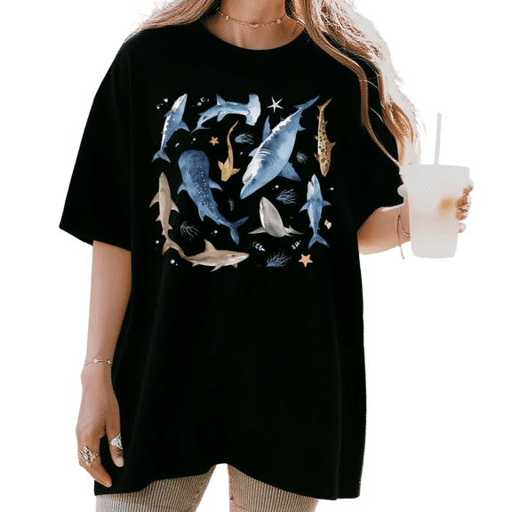 Women's Watercolor Shark Ocean Marine Life Graphic Tee Shark Lover Short Sleeve Round Neck Top Black S-5XL