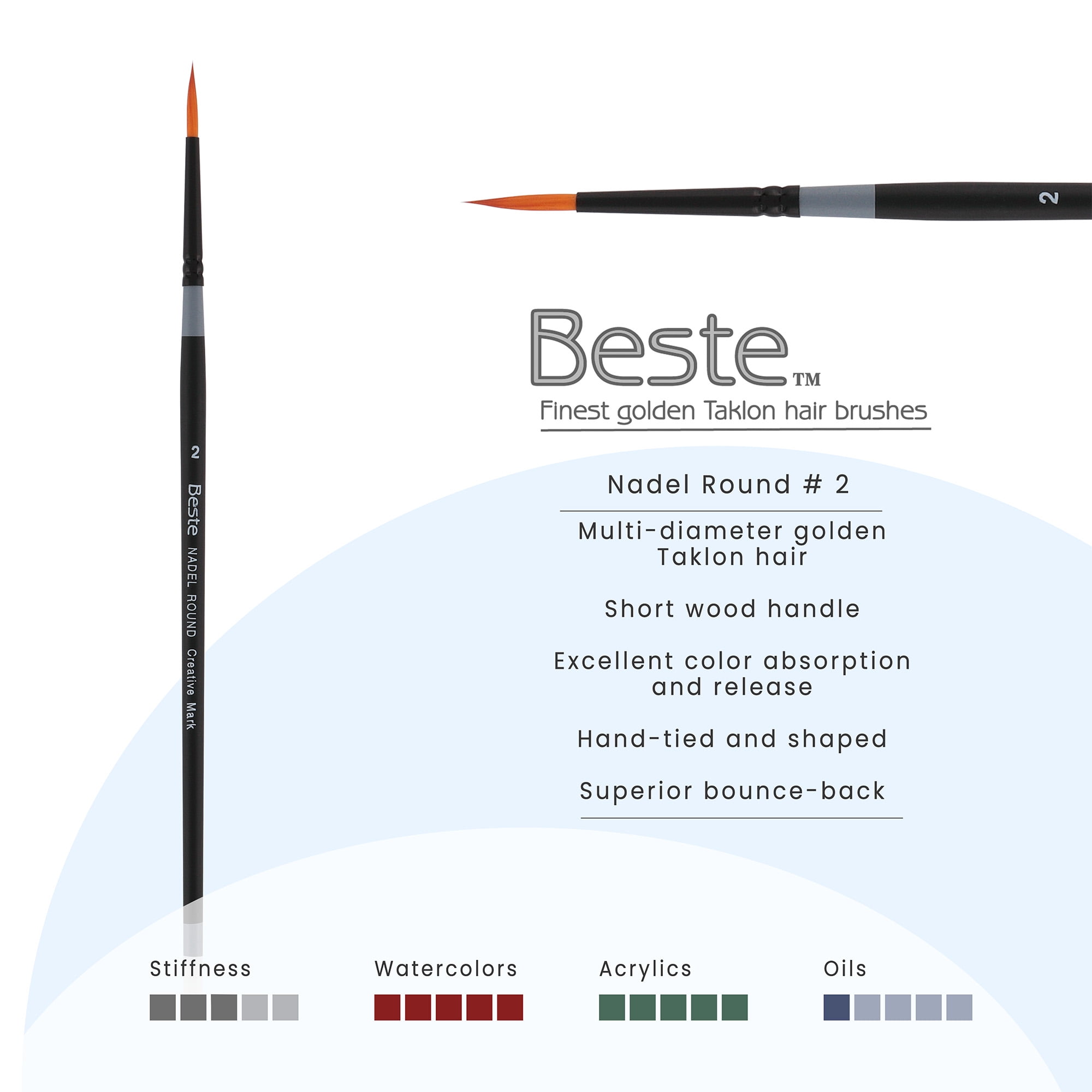 Creative Mark Beste Golden Taklon Nadel Round #2 - 3 Pack Artist Brush, Professional Watercolor Brushes, For Acrylic Painting, Short Handle, Sharp Edges, Hand-Tied & Shaped