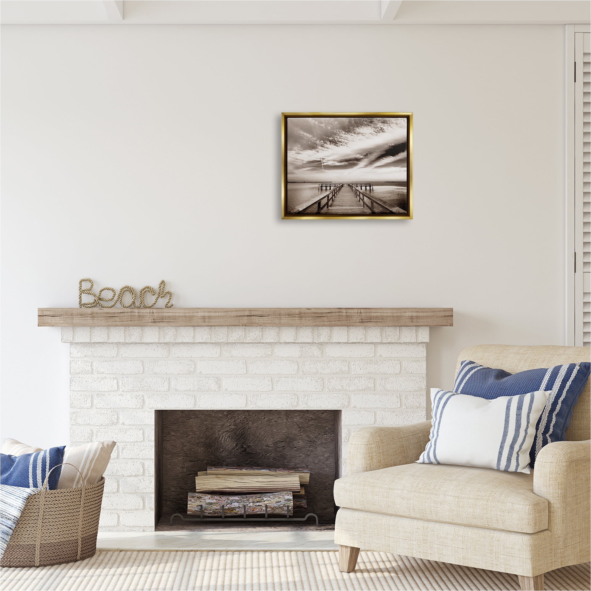 Stupell Industries Dock with Cloudy Sky Landscape Photography Gold Floater Framed Canvas Art Print Wall Art, 21 x 17