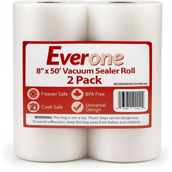 EverOne Vacuum Sealer Bag Roll for Sous Vide & Food Saver, 8" X 50, 2Count, Clear