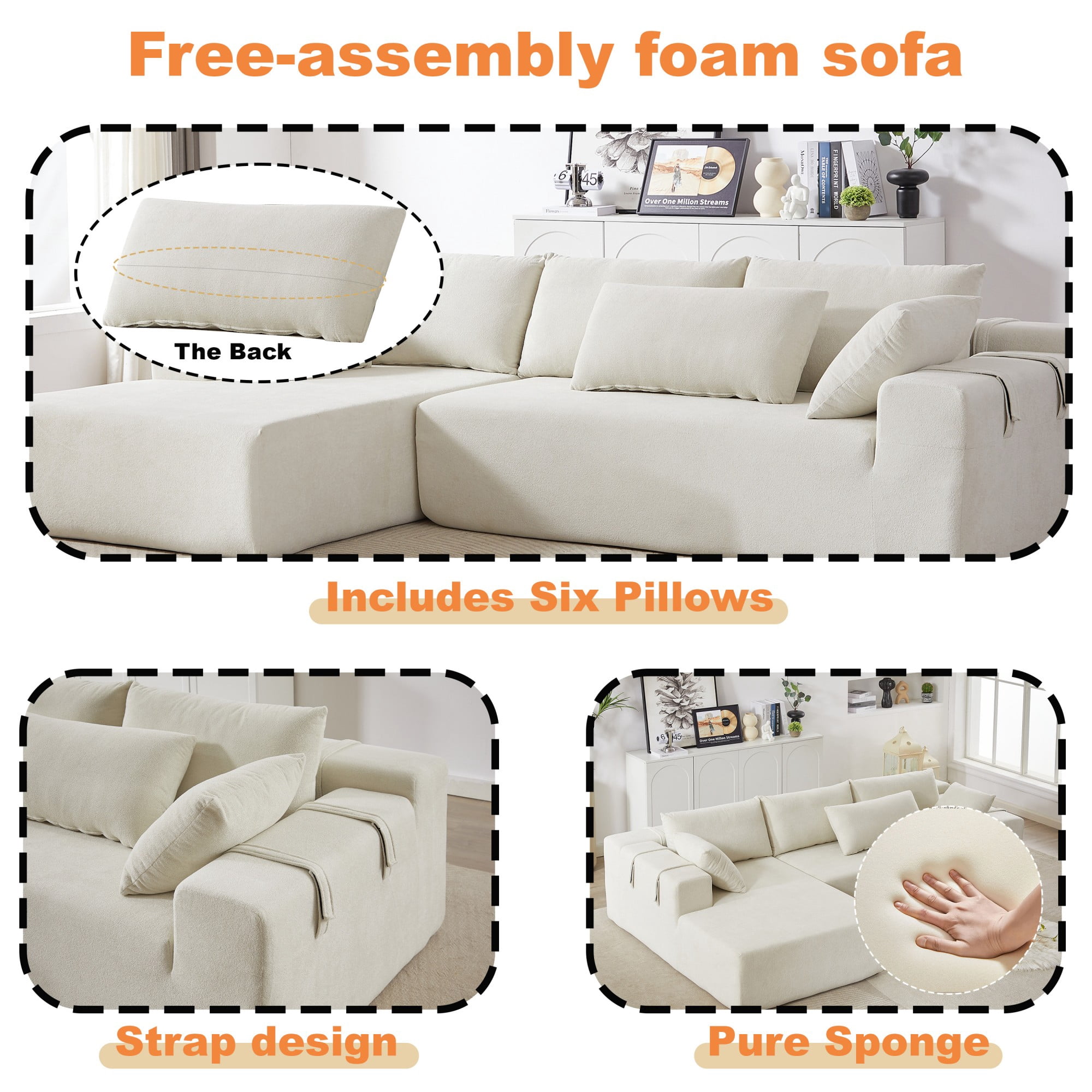 Modern Upholstered Sectional Sofa Couch,108" L Shaped Chenille Modular Free Combination Sofa Couch With 6 Pillows for Living Room,Bedroom,Left Chaise,Black