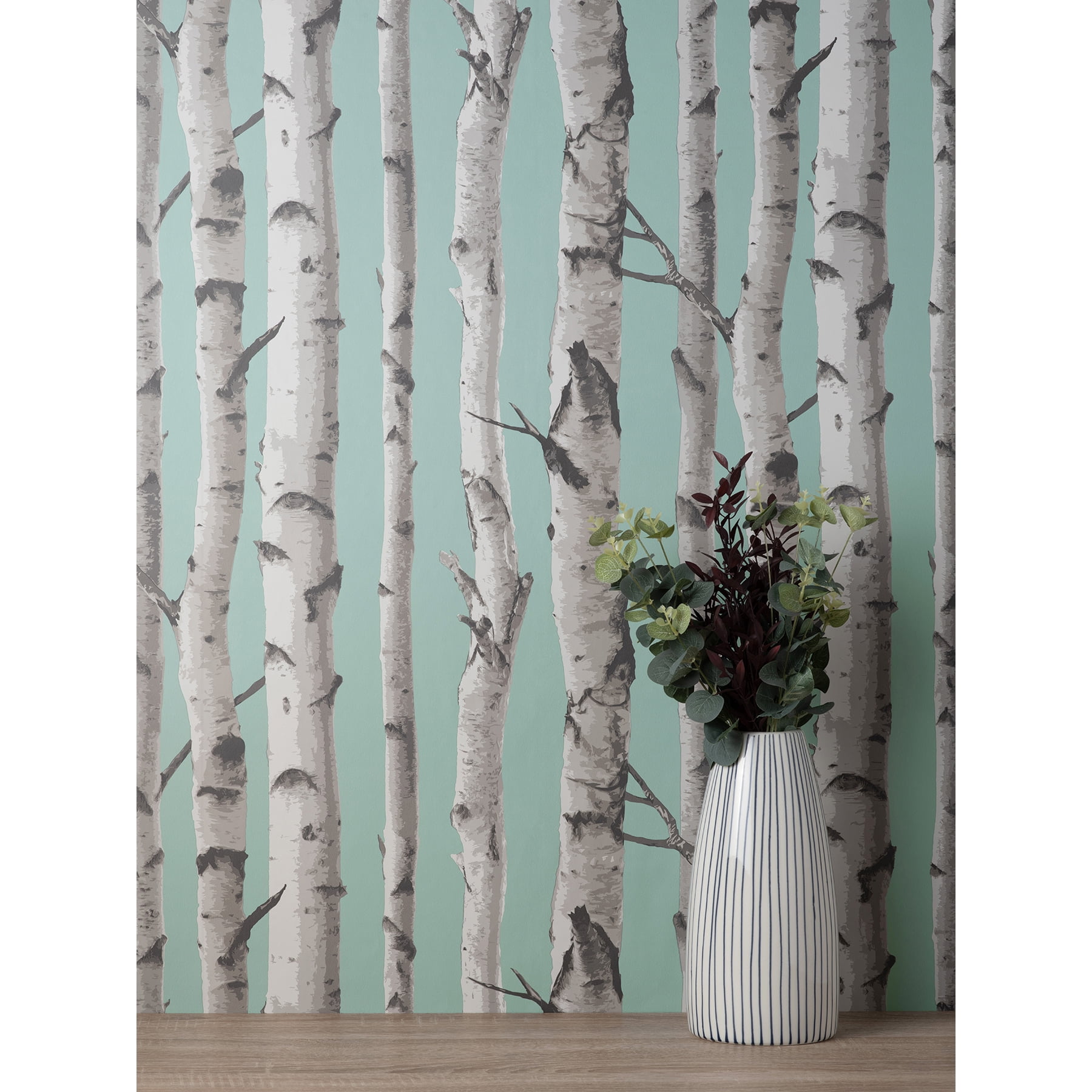 Fine Decor Chester Aqua Birch Trees Wallpaper, 20.5-in by 33-ft