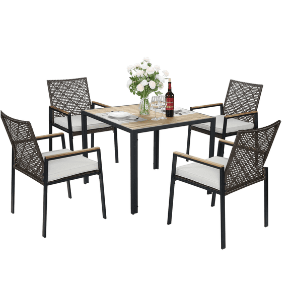 JERFIT 5-Piece Dark Brown Patio Set with Umbrella Hole, All-Weather Acacia Wood Table & Rattan Chairs for Outdoor Dining