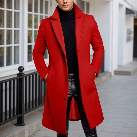 Men's Casual Trench Coat Slim Fit Notched Collar Long J Single Peacoat (Red XXL)
