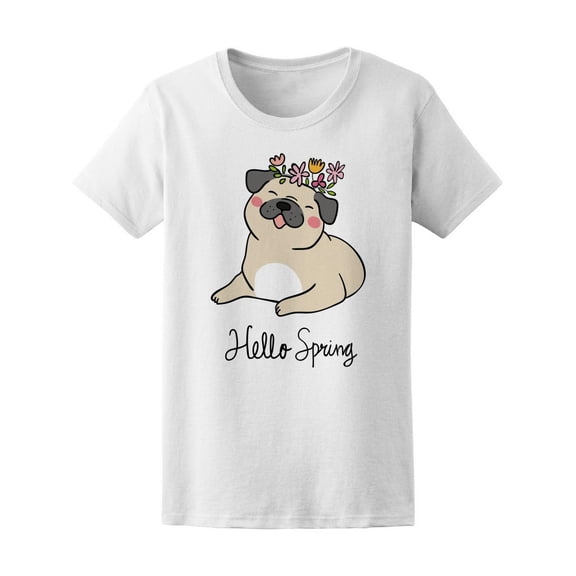 Hello Spring Cute Flower Pugs T-Shirt Women -Image by Shutterstock, Female XX-Large