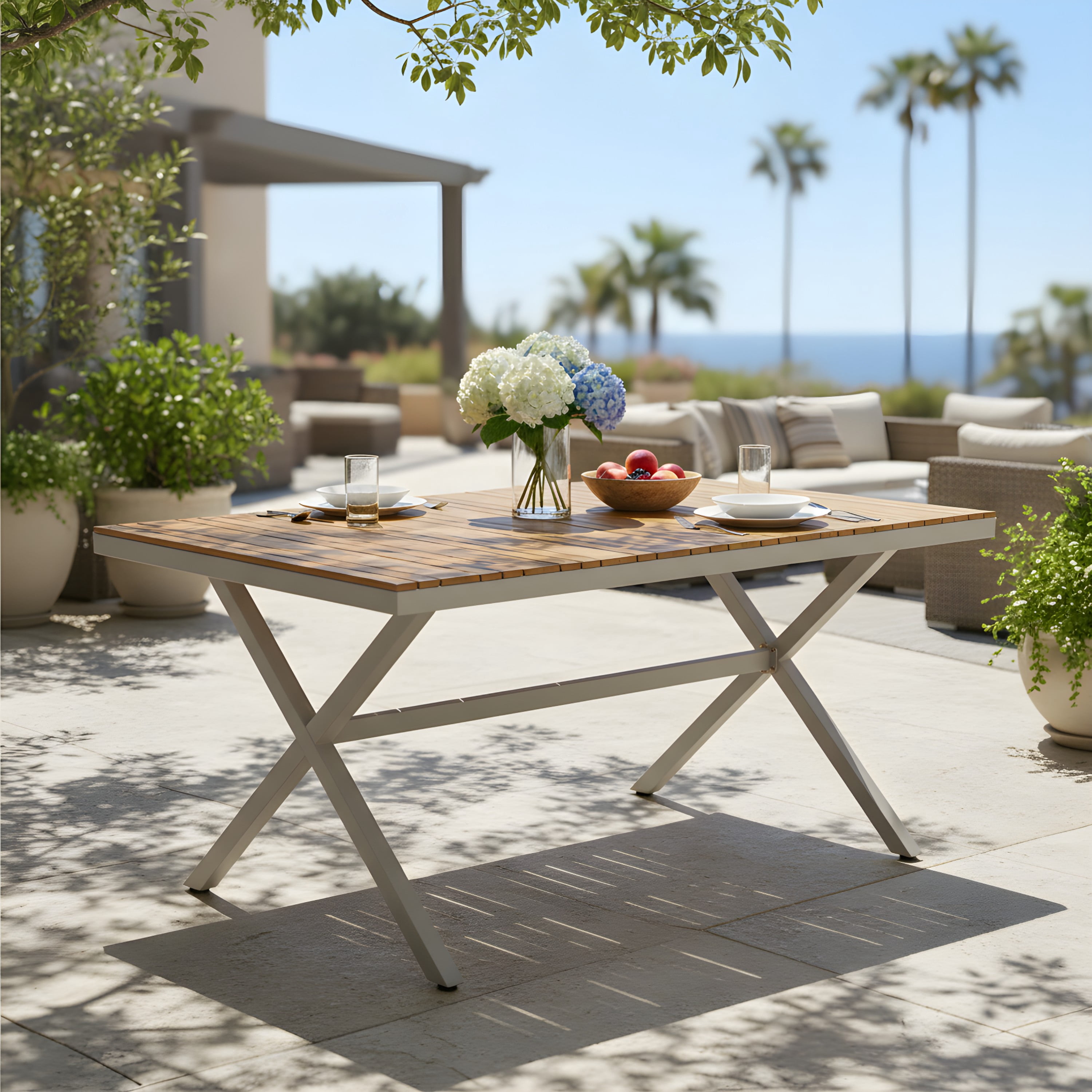 Dining Table, Outdoor Teak Wood Top Table with Beige Steel Frame for Backyard Garden Deck, Teak