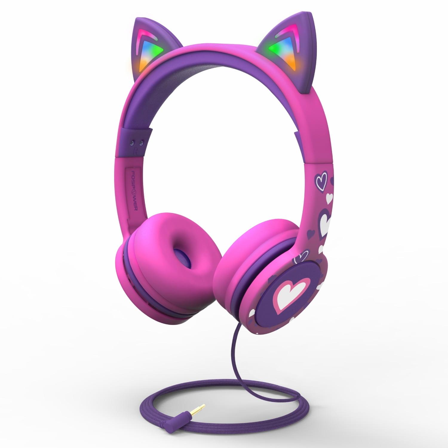 FosPower Kids Headset with LED Light Up Cat Ears Wired 3.5mm On Ear