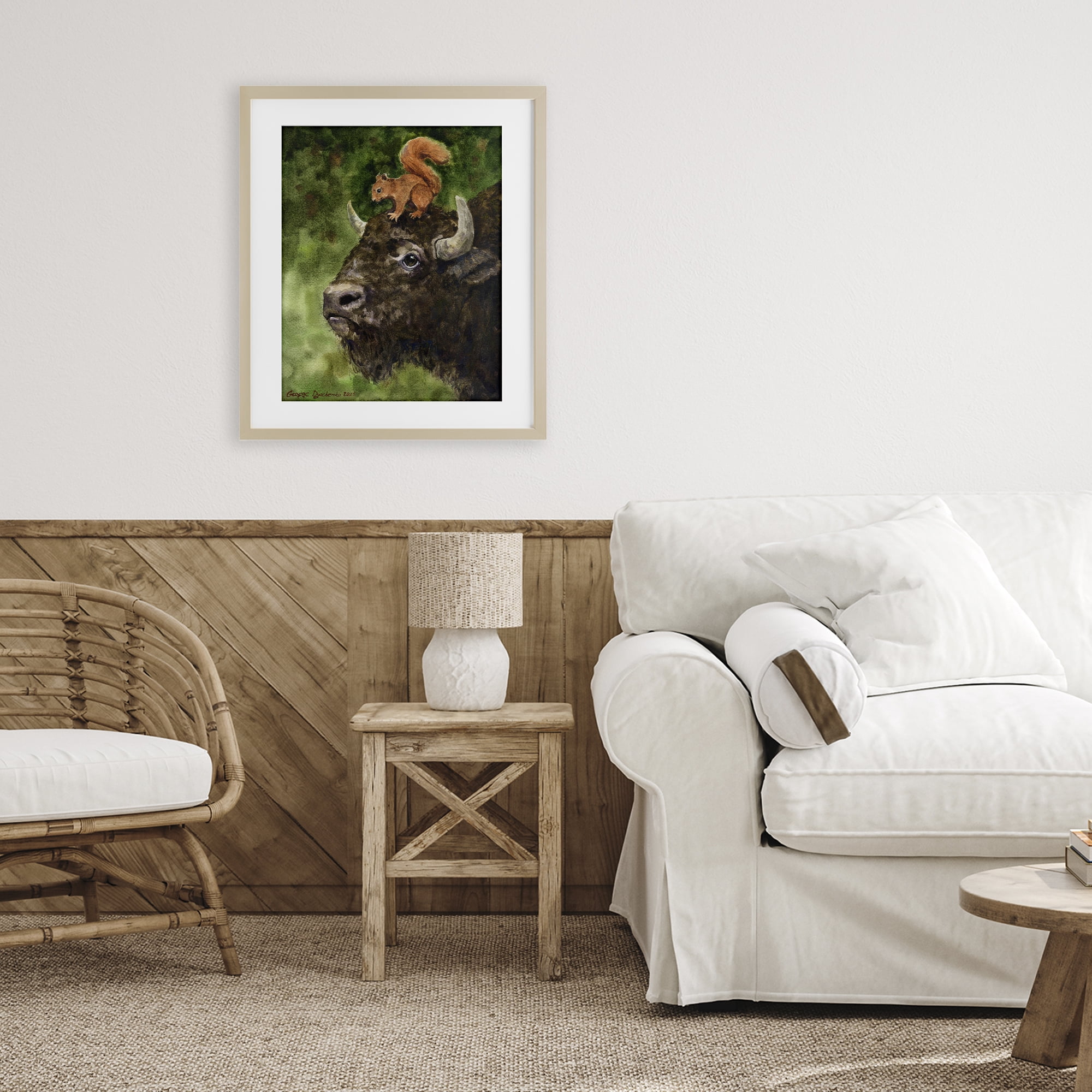 Stupell Industries Bison & Squirrel Duo Birch Framed Print Under Glass, design by George Dyachenko