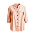 thumbnail image 4 of Sokhug Womens Cotton Linen Striped 3/4 Sleeve Stand Collar Button Down Breathable Casual Daily Tunic Blouse Tops, 4 of 7