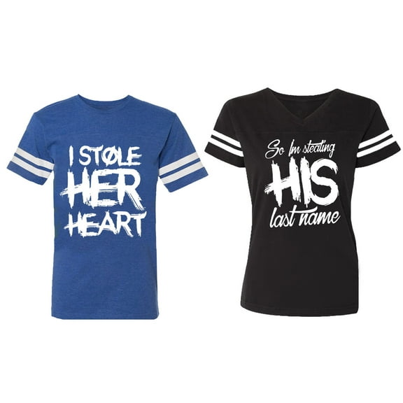 I Stole Her Heart So I am Stealing His Last Name Matching Couple Cotton Jerseys (Men Royal / Women Black) (Men S / Women S)