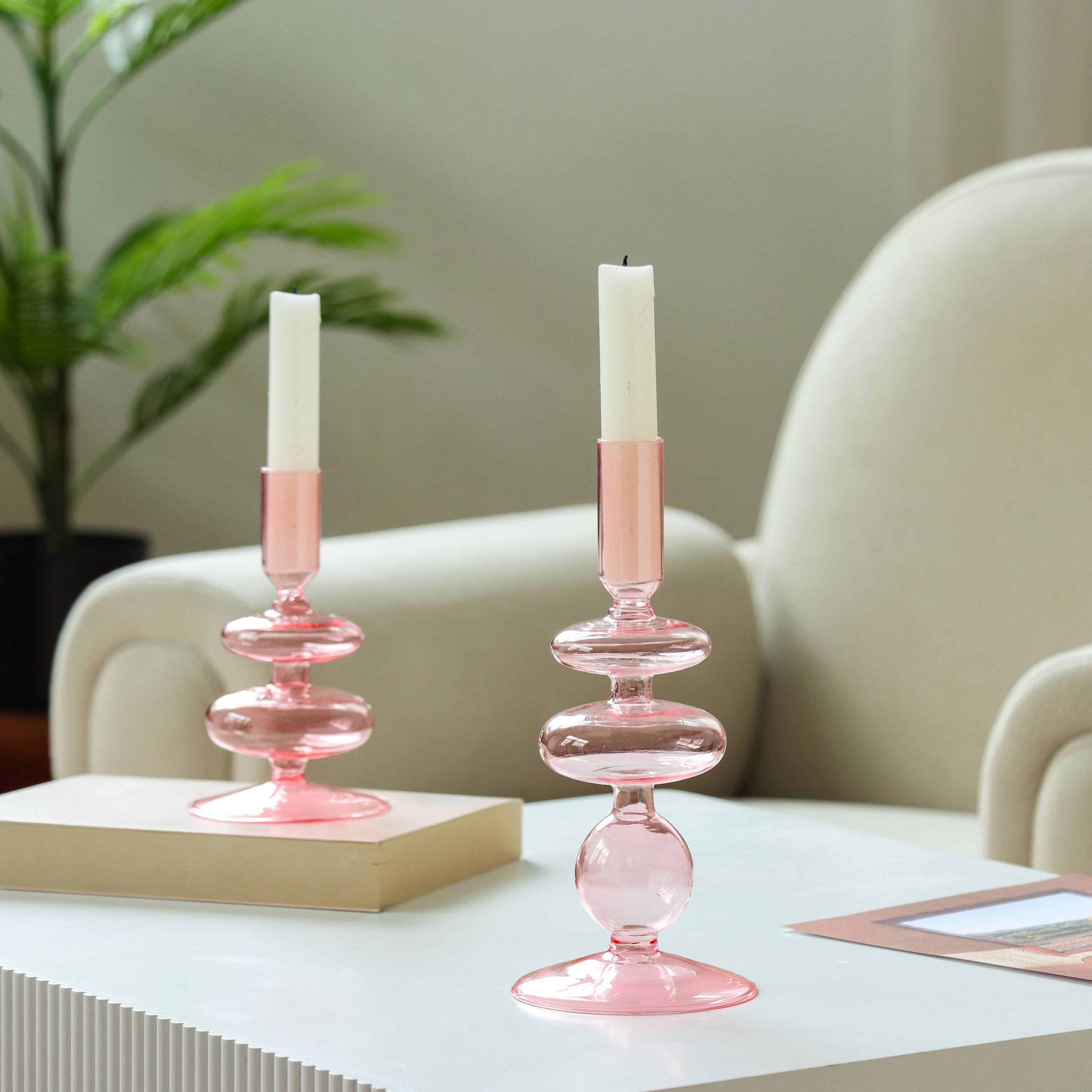 Mainstays Pink Translucent 7.87" Tall Glass Bubble Shaped Tabletop Taper Candle Holder, Large