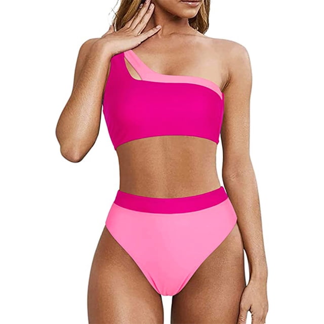 Gibobby Trajes de Natación para Mujer Traje de baño de un hombro para mujer Bikini de talle con patchwork de color sólido caramelo(Rosa caliente,G)