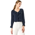 thumbnail image 1 of Blusa de gasa con cuello en V con volantes para mujer, manga de pulsera, blusa campesina vintage Azul oscuro M, 1 of 6