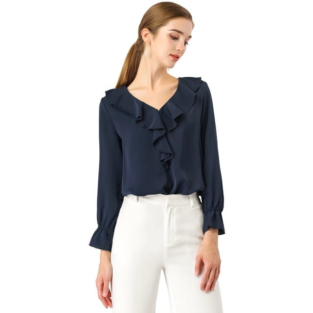 Blusa de gasa con cuello en V con volantes para mujer, manga de pulsera, blusa campesina vintage Azul oscuro M