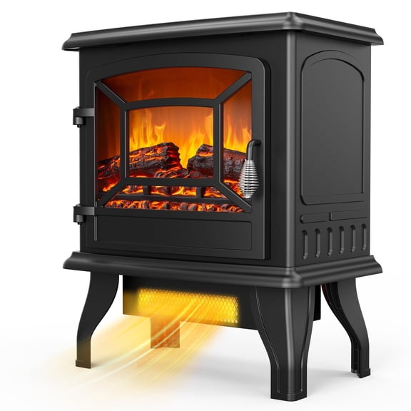 Freestanding Electric Fireplace Heater with 3D Realistic Flames, 1400W Thermostat & Overheat Protection – Portable Indoor Space Heater, Black