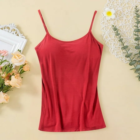 Summer Sleeveless Tank Tops for Women Red Sexy Heart Bras Top Adjustable Strap Basic Solid Camisole V Neck With Built In Padded Bra Vest S