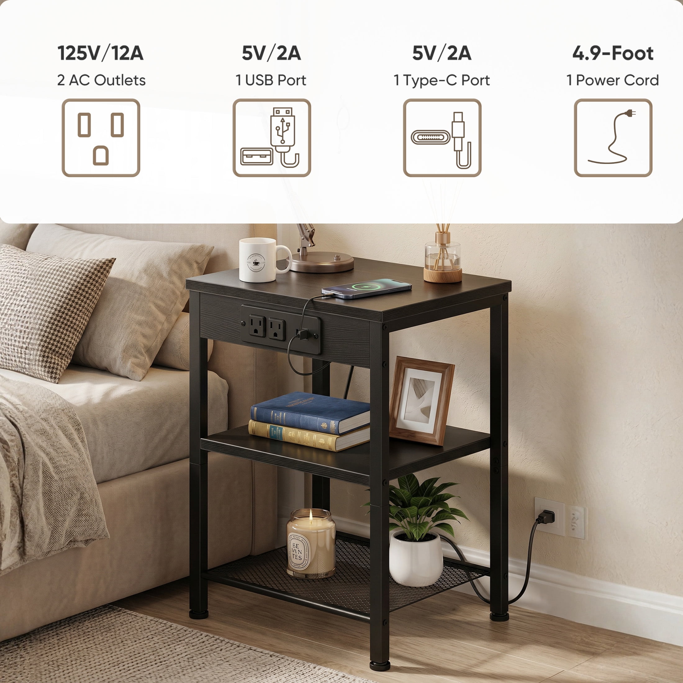 CONCETTA 3 Tier Nightstand with Charging Station, Bedside End Table for Bedroom Living Room, Black
