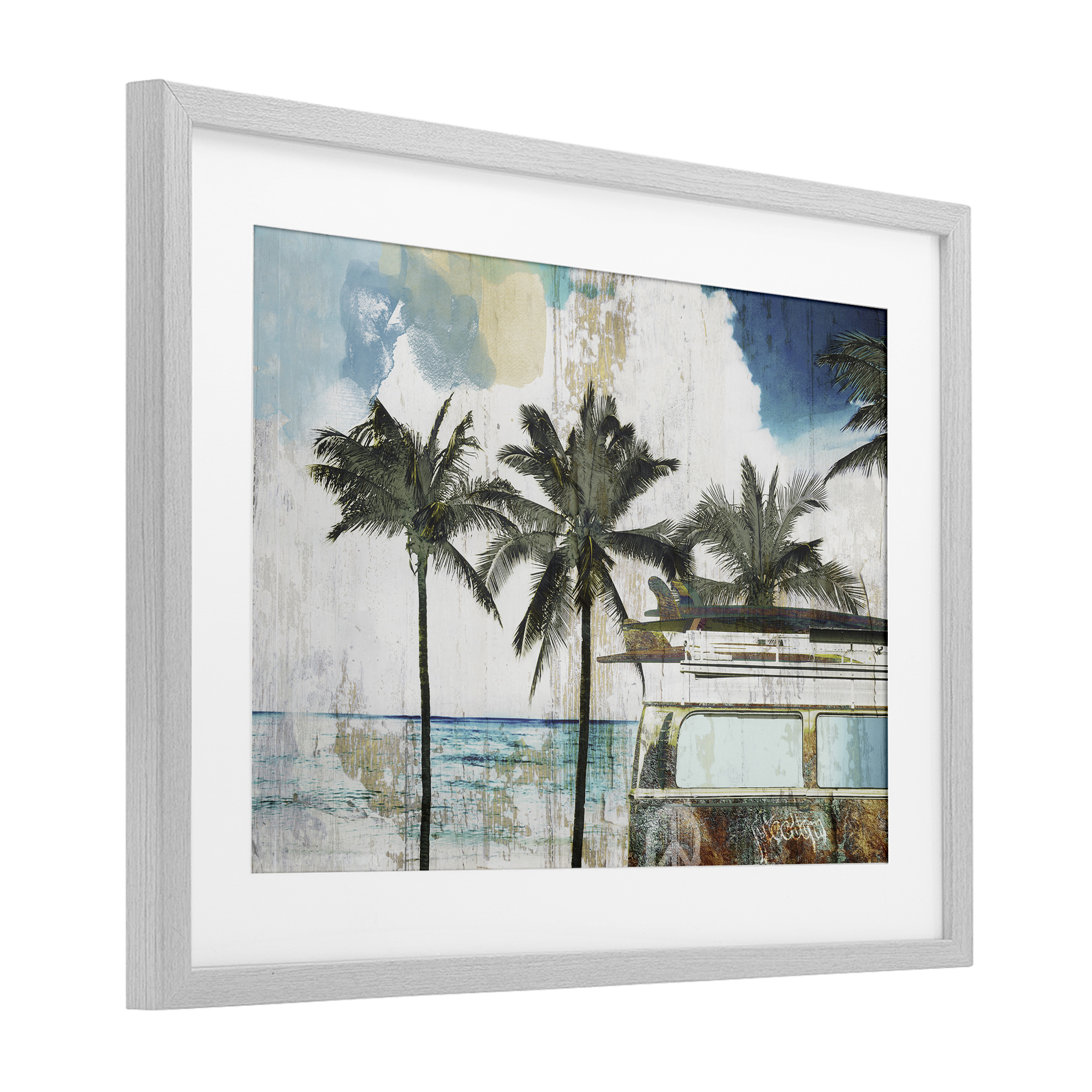 Beach Day Retro Vacation Gray Framed Print Under Glass, design by Sasha