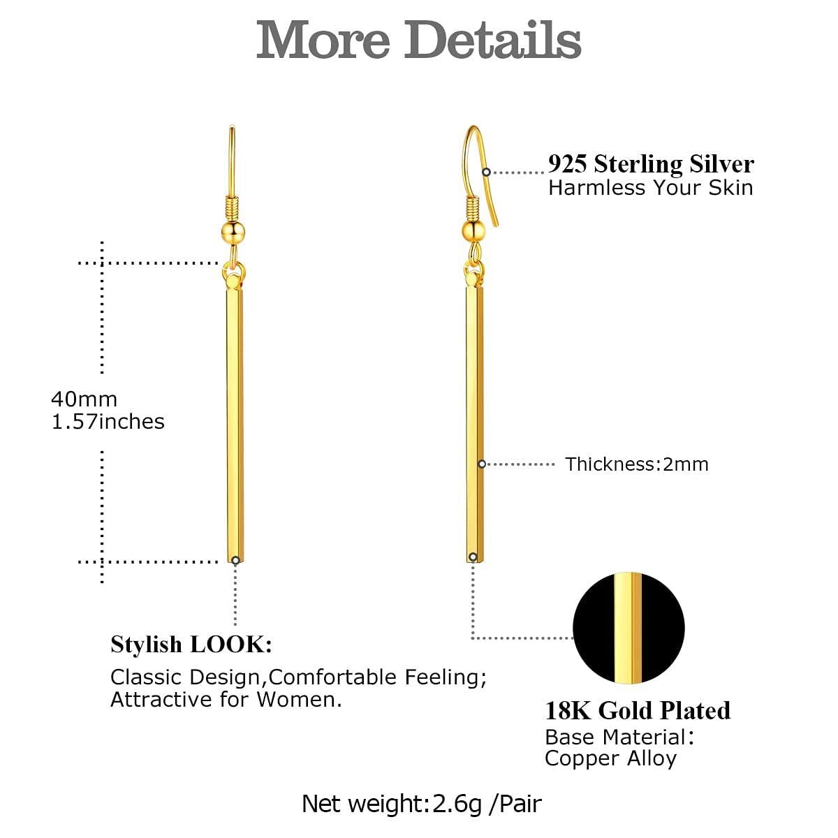 FOCALOOK Gold Plated Dangle Earrings for Women Hypoallergenic Minimal Long Thin Drop Dangling Vertical Bar Earrings