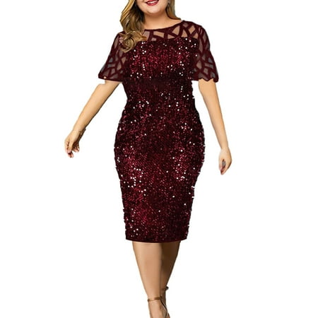 

Plus Size Womens Lace Sequin Midi Dress Ladies Cocktail Club Evening Party Dress
