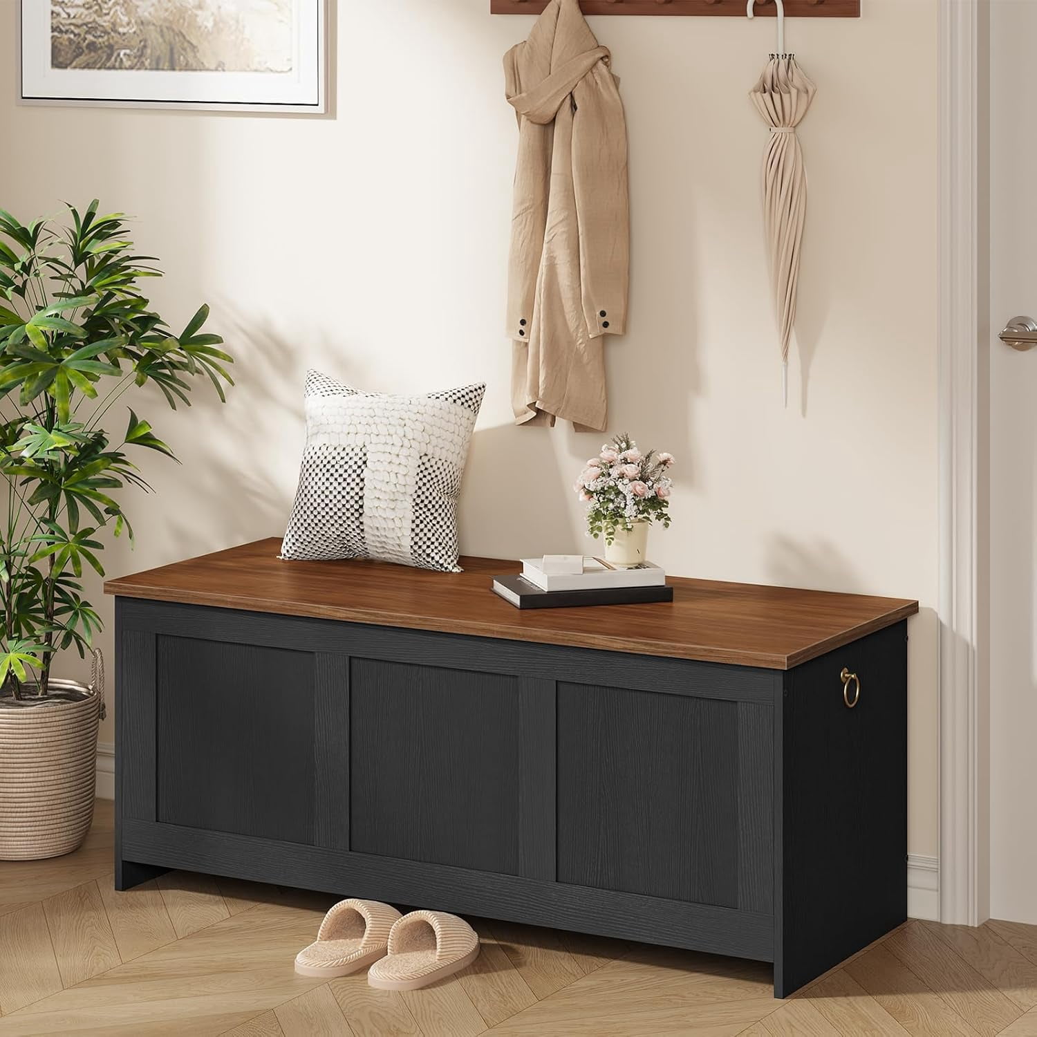 Storage Bench, 43.3" Retro Wooden Storage Chest, Wooden Storage Trunk, Toy Chest with Lift Top, Multifunctional Entryway Organizer, for Entryway, Living Room, Black and Walnut BH411CW01