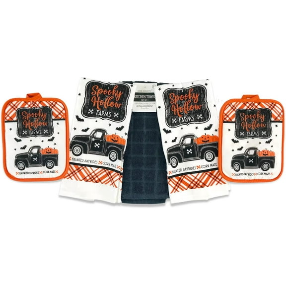 Serafina Home Halloween Kitchen Dish Towel And Oven Mitt Set: Spooky Hollow Haunted Black and Spooky Lane Orange Trucks with Plaid Border