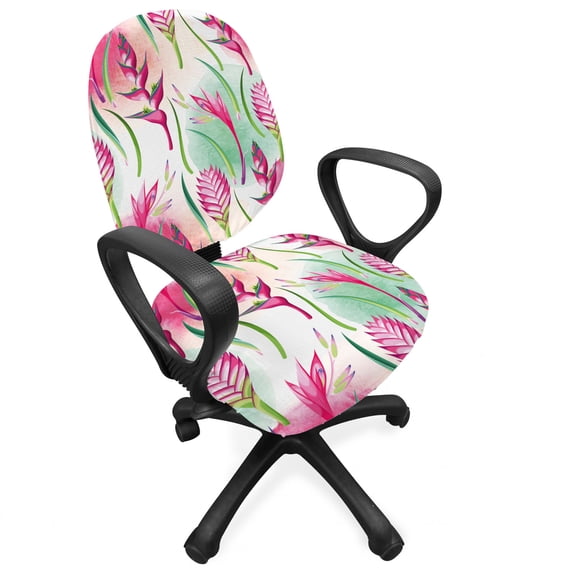 Exotic Office Chair Slipcover, Endemic Tropic Flowers on a Background of Paint Blots, Protective Stretch Decorative Fabric Cover, Standard Size, Magenta Fern Green, by Ambesonne