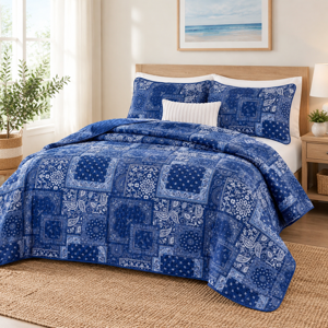 Queen Quilt Set 3 Pieces Blue Patchwork