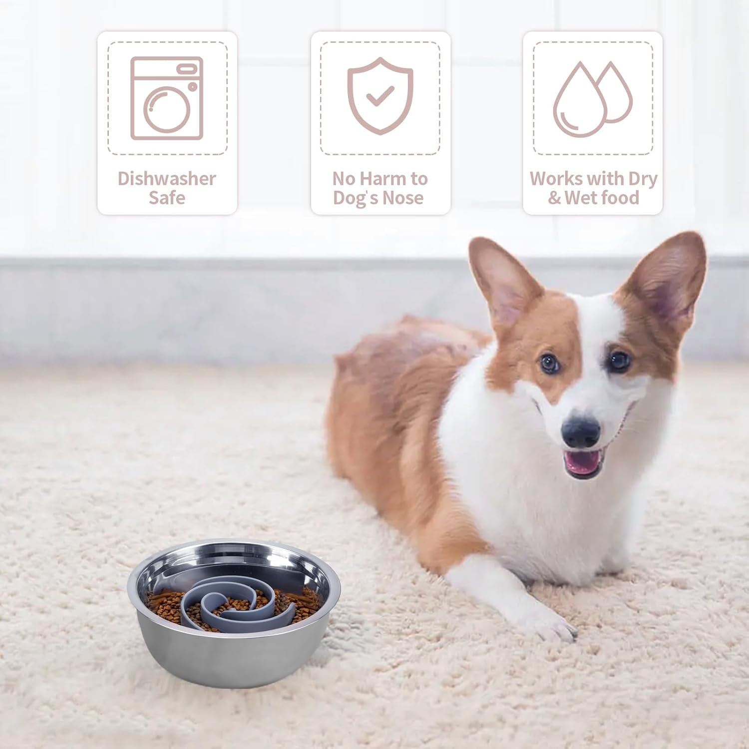 Slow Feeder Dog Bowls Insert,  Soft Silicone Slow Eating Feeder Insert with Suction Cups for Small, Medium and Large Dogs, Fit into Basic and Elevated Dog Bowls, Grey Grey,S