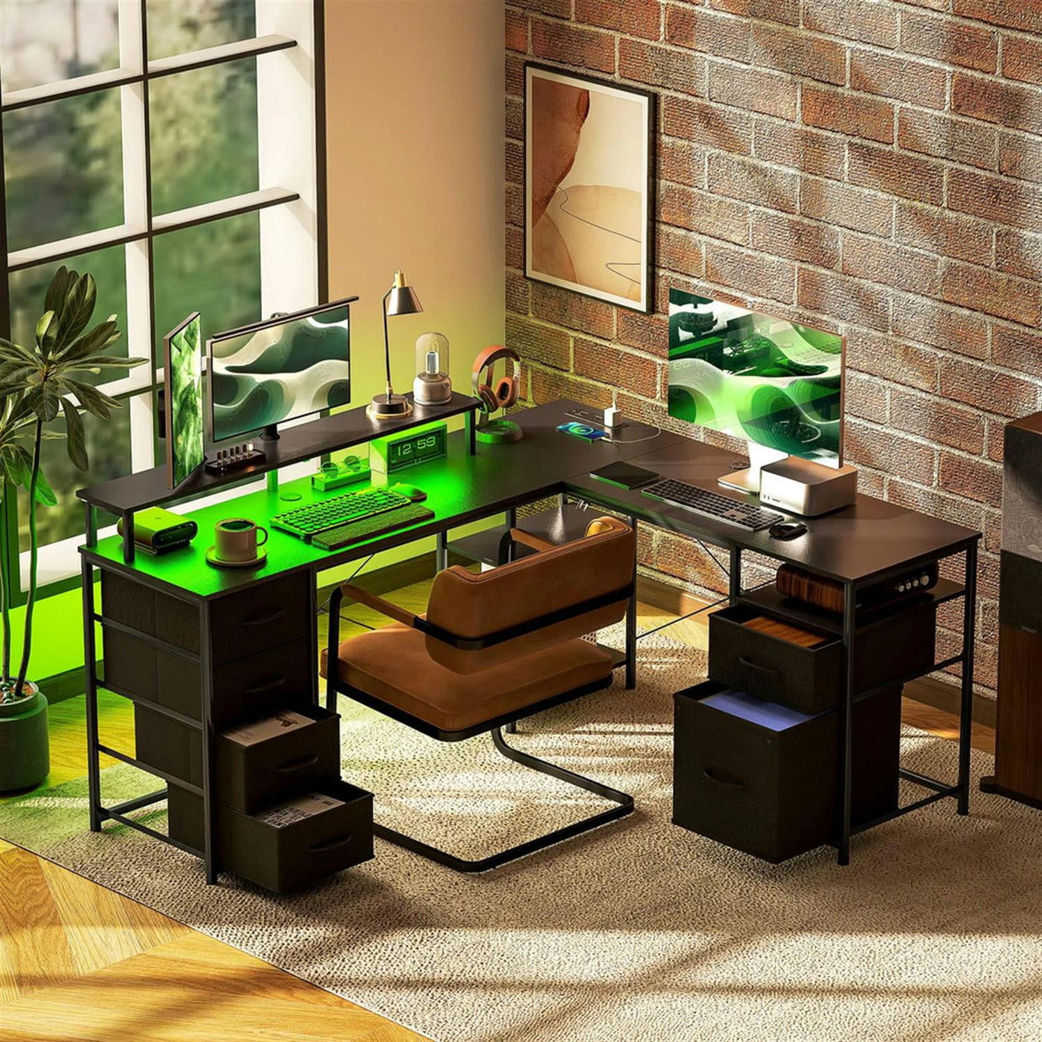 Demi Bonn 66" Reversible L Shaped Corner Office Desk with LED Lights and Power Outlets, Home Computer Desk for Living Room, Office, Study Table PC Desks, Black