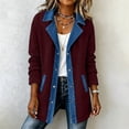thumbnail image 3 of XUNKUSGA Women's Color Block Denim Trim Corduroy Jacket Fashion Lapel Button Down Long Sleeve Outerwear Coats Casual Patchwork Mid Length Suit Jackets for Women Wine S, 3 of 10