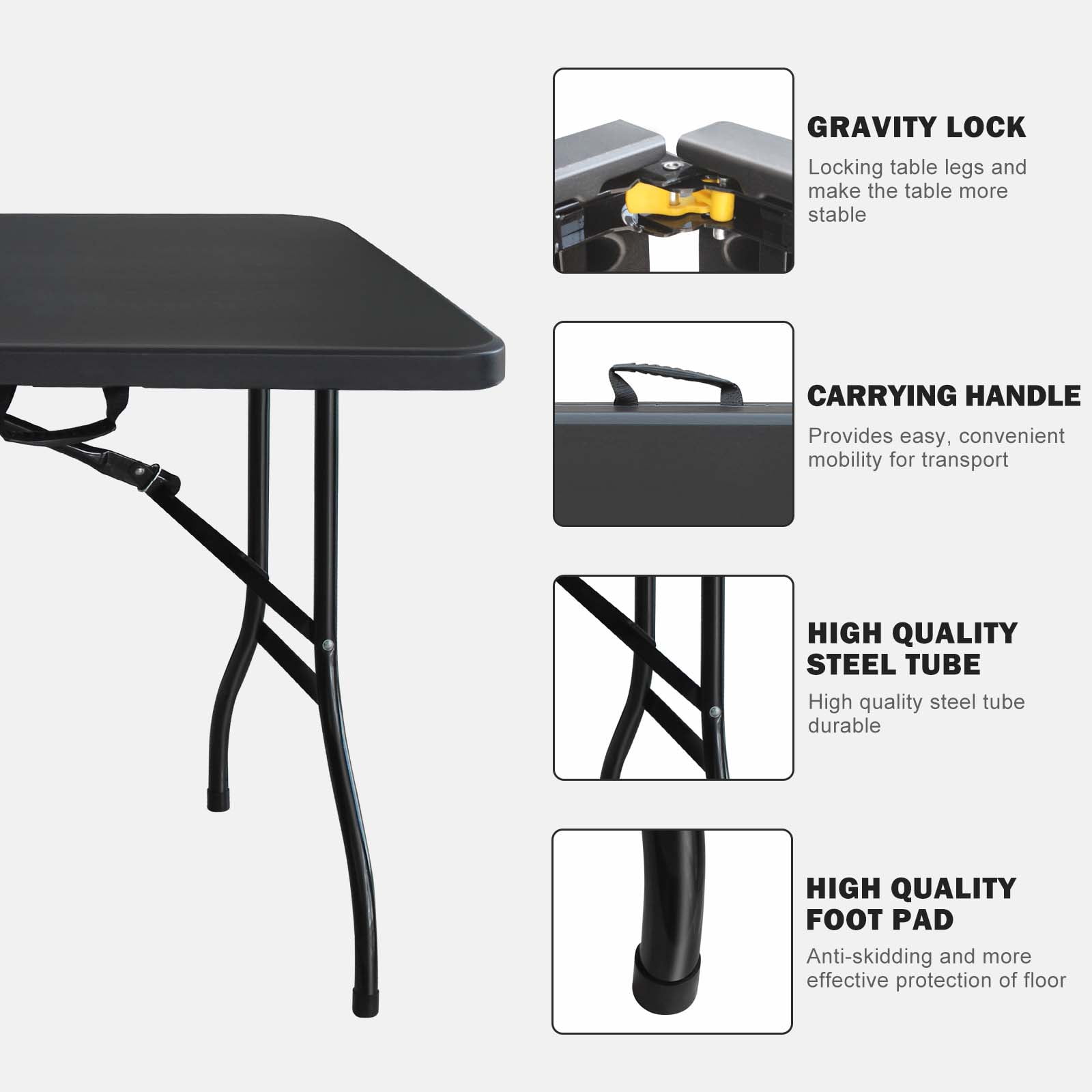 6ft Folding Table Portable Plastic Foldable Table High Load Bearing Black Table for Camping Picnics Parties Indoor Outdoor Garden Patio Use