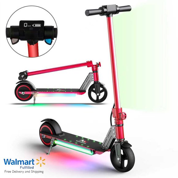 WEELMOTION Classic Red Foldable Electric Scooter for Kids, 150W Motor, Front Bar Light, Head Light, Big LED Display, Dual Brake System, Multicolor Shining Lights on Pedal - UL2272 Certified