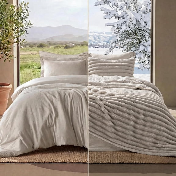 2-in-1 King Size Comforter Set with Detachable Fluffy Blanket Beige