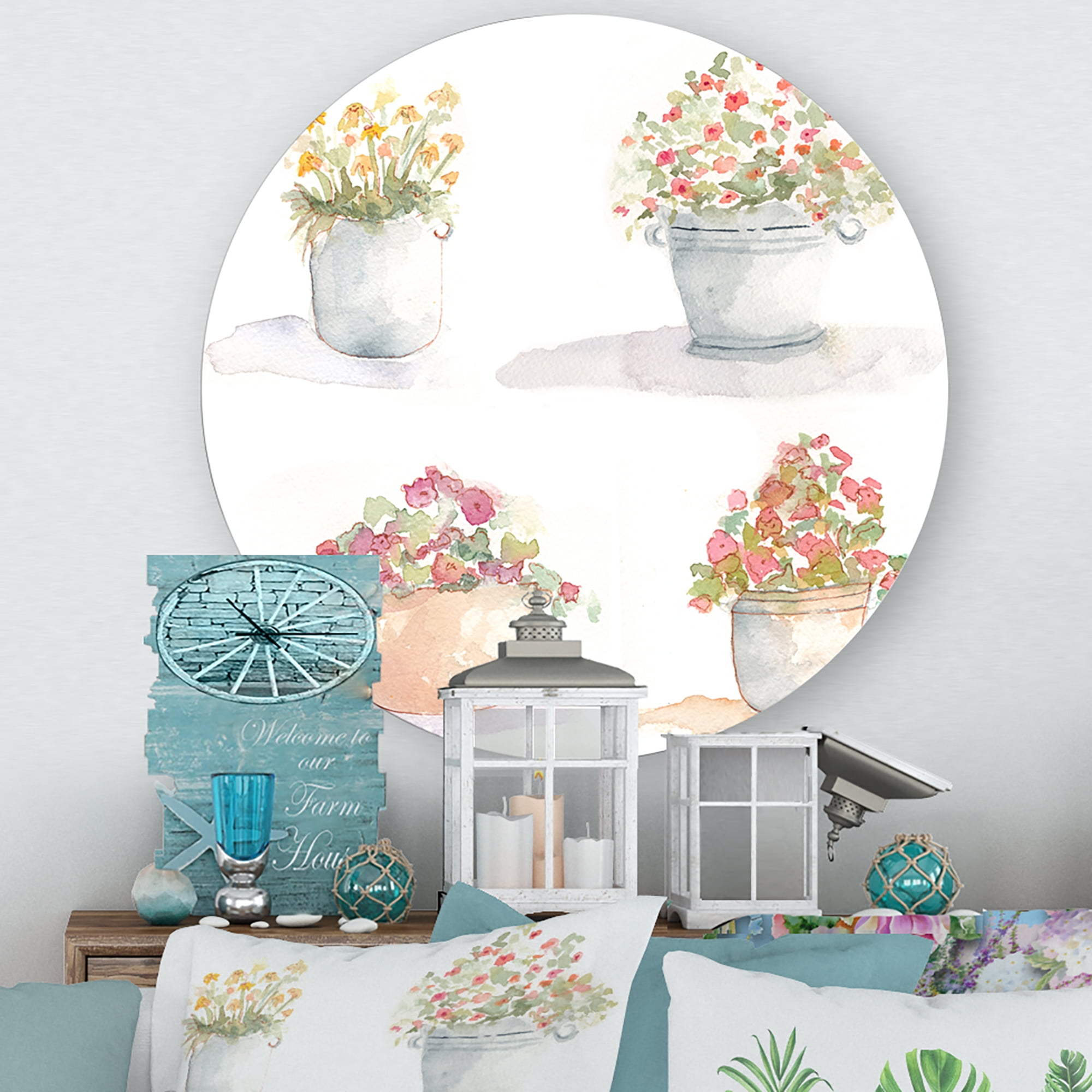 Designart 'Abstract Four Outdoor Flower Pots' Traditional Circle Metal Wall Art 11x11 - Disc of 11
