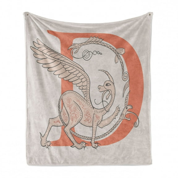 Letter D Soft Flannel Fleece Blanket, Griffin Traditional Fantasy Monster Alphabet Medieval Style Gryphon Pattern, Cozy Plush for Indoor and Outdoor Use, 50" x 70", Salmon and Beige, by Ambesonne