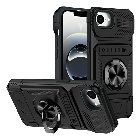 Allytechgroup for iPhone 16e Case, Soft TPU & Hard PC Back Shockproof Shell Anti-Slip Drop Proof Cover with Metal Ring Kickstand/ Card Slots/ Support Magnetic Car Mount Stand Phone Case, Black