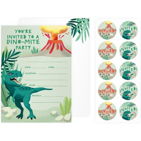 Rileys & Co. Party Invitation Cards with Envelopes and Bonus Stickers - 50 pcs -Dinosaur