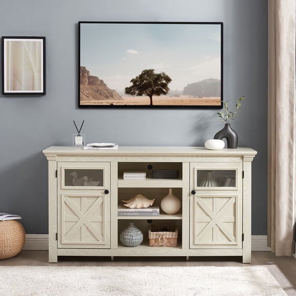 Farmhouse TV Stand for 65-in TV, Barn Door Media Console w/ Storage Shelves, Entertainment Center, White