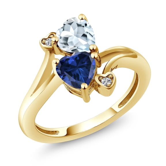 Gem Stone King 18K Yellow Gold Plated Silver Sky Blue Aquamarine Blue Created Sapphire and White Moissanite Ring for Women (1.56 Cttw, Heart Shape 6MM, Gemstone March Birthstone, Size 7)