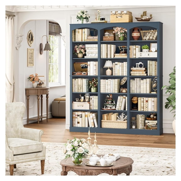 71" Arch Bookshelf, 6 Tier Triple Wide Bookcase - Large Storage, Adjustable Shelves, Modern Arched Design for Living Room, Bedroom, Home Office - Blue